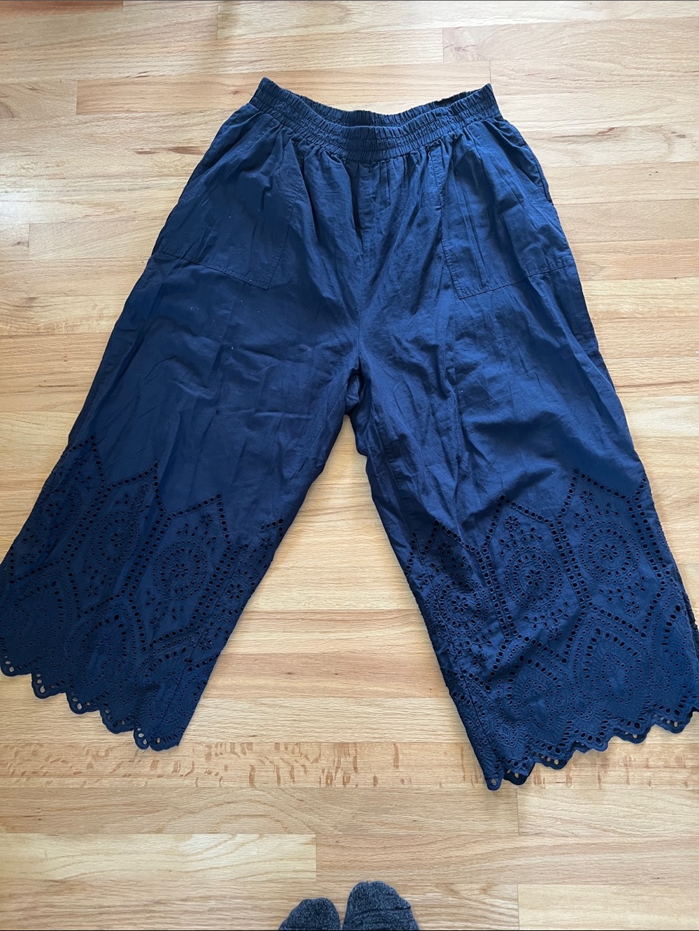 Dex Dark Blue Elastic-Waist Eyelet Hem Wide-Leg Pants